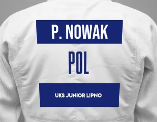 Judo GI with a backnumber showing the name Piotr Nowak from UKS JUNIOR LIPNO