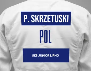 Judo GI with a backnumber showing the name Piotr Skrzetuski from UKS JUNIOR LIPNO