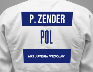 Judo GI with a backnumber showing the name Piotr Zender from MKS Juvenia Wrocław