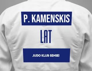 Judo GI with a backnumber showing the name Pjotrs Kamenskis from Judo Klub Sensei