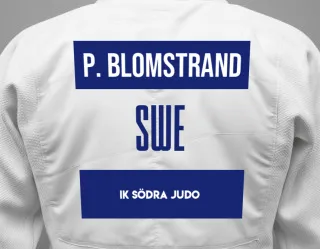 Judo GI with a backnumber showing the name Pontus Blomstrand from IK Södra Judo