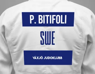 Judo GI with a backnumber showing the name Presilia Bitifoli from Växjö Judoklubb