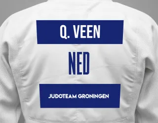 Judo GI with a backnumber showing the name Quinten Van Der Veen from Judoteam Groningen