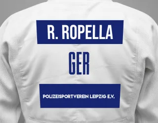 Judo GI with a backnumber showing the name Rachel Ropella from Polizeisportverein Leipzig e.V.