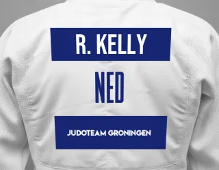 Judo GI with a backnumber showing the name Raoul Kelly from Judoteam Groningen