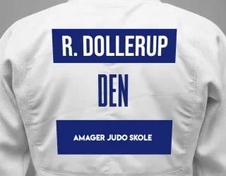 Judo GI with a backnumber showing the name Rasmus Dollerup from Amager Judo Skole