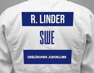 Judo GI with a backnumber showing the name Rasmus Linder from Oxelösunds Judoklubb