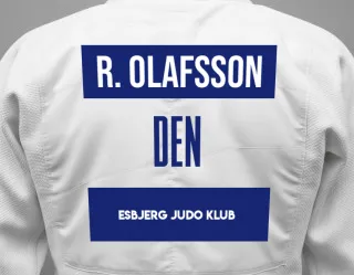 Judo GI with a backnumber showing the name Rasmus Olafsson from Esbjerg Judo Klub