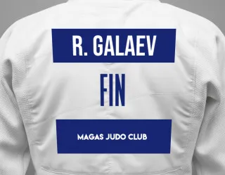 Judo GI with a backnumber showing the name Rasul Galaev from Magas Judo club