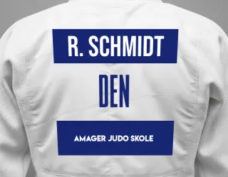 Judo GI with a backnumber showing the name Rebecca Schmidt from Amager Judo Skole