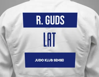 Judo GI with a backnumber showing the name Renats Guds from Judo Klub Sensei