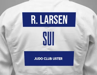 Judo GI with a backnumber showing the name Ria Larsen from Judo Club Uster