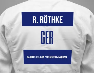 Judo GI with a backnumber showing the name Richard Röthke from Budo Club Vorpommern
