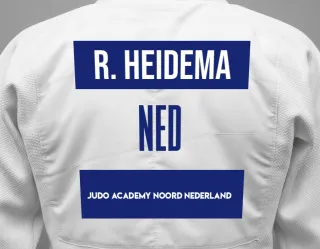 Judo GI with a backnumber showing the name Rick Heidema from Judo Academy Noord Nederland