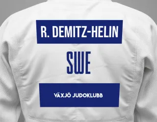 Judo GI with a backnumber showing the name Rikard Demitz-Helin from Växjö Judoklubb