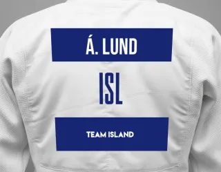 Judo GI with a backnumber showing the name árni Lund from Team Island