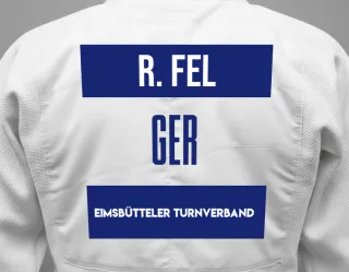 Judo GI with a backnumber showing the name Robert Fel from Eimsbütteler Turnverband