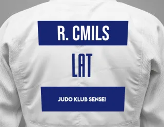 Judo GI with a backnumber showing the name Rodions Cmils from Judo Klub Sensei