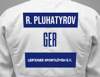 Judo GI with a backnumber showing the name Roman Pluhatyrov from Leipziger Sportlöven e.V.