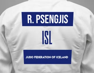Judo GI with a backnumber showing the name Roman Psengjis from Judo Federation Of Iceland