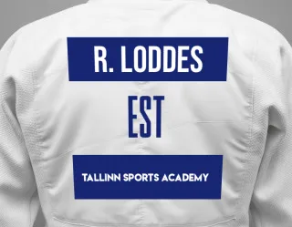 Judo GI with a backnumber showing the name Romet Loddes from Tallinn Sports Academy