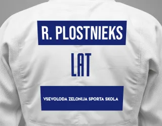 Judo GI with a backnumber showing the name Ronalds Plostnieks from Vsevoloda Zelonija sporta skola