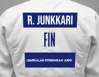 Judo GI with a backnumber showing the name Roni Junkkari from Lempäälän Syokonkan Judo