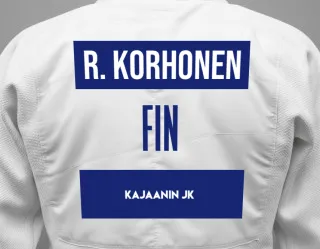 Judo GI with a backnumber showing the name Roope Korhonen from Kajaanin JK