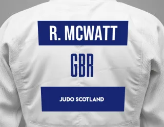 Judo GI with a backnumber showing the name Ross Mcwatt from Judo Scotland