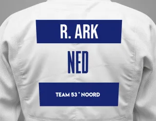 Judo GI with a backnumber showing the name Ruben Van Ark from Team 53 ° Noord