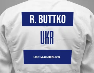 Judo GI with a backnumber showing the name Ruslan Buttko from USC Magdeburg