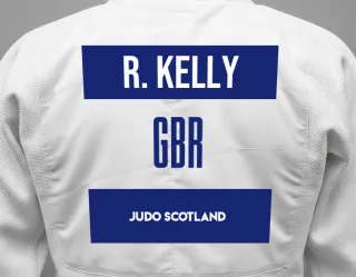Judo GI with a backnumber showing the name Ryan Kelly from Judo Scotland