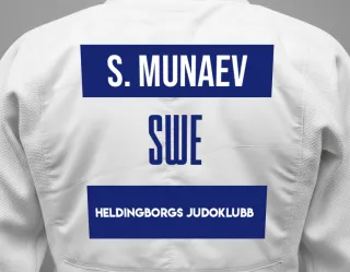 Judo GI with a backnumber showing the name Said-Magomed Munaev from Heldingborgs Judoklubb