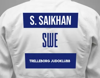 Judo GI with a backnumber showing the name Saikhanbileg Bayar Saikhan from Trelleborg Judoklubb