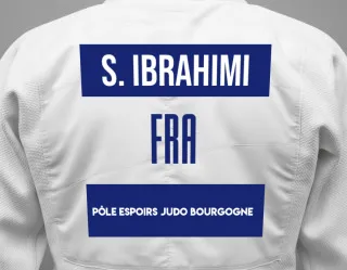 Judo GI with a backnumber showing the name Salim Ibrahimi from Pôle Espoirs Judo Bourgogne