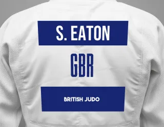 Judo GI with a backnumber showing the name Sam Eaton from British Judo