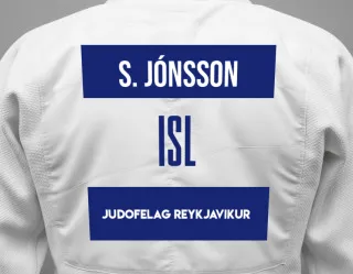 Judo GI with a backnumber showing the name Samir ómar Jónsson from Judofelag Reykjavikur