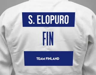 Judo GI with a backnumber showing the name Samu Elopuro from Team Finland