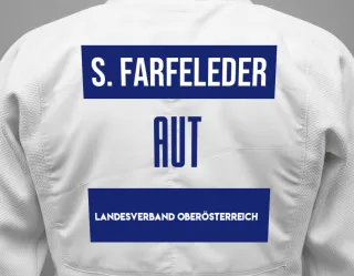 Judo GI with a backnumber showing the name Samuel Farfeleder from Landesverband Oberösterreich
