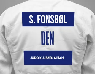 Judo GI with a backnumber showing the name Samuel Fonsbøl from Judo Klubben Mitani