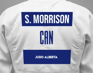 Judo GI with a backnumber showing the name Samuel Morrison from Judo Alberta
