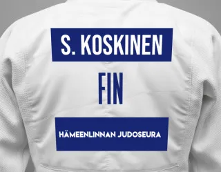 Judo GI with a backnumber showing the name Samuli Koskinen from Hämeenlinnan Judoseura