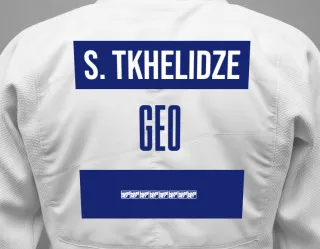 Judo GI with a backnumber showing the name Sandro Tkhelidze from ხაბარელი