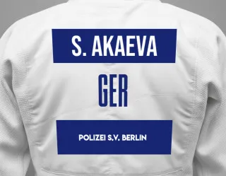 Judo GI with a backnumber showing the name Sanijat Akaeva from Polizei S.V. Berlin