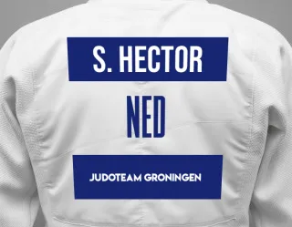Judo GI with a backnumber showing the name Sarah Hector from Judoteam Groningen