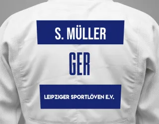 Judo GI with a backnumber showing the name Sarah Müller from Leipziger Sportlöven e.V.