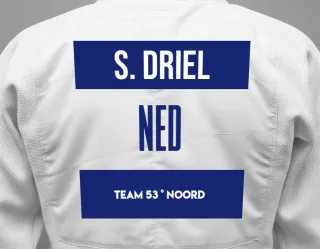 Judo GI with a backnumber showing the name Sarah van Driel from Team 53 ° Noord