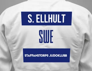 Judo GI with a backnumber showing the name Sebastian Ellhult from Staffanstorps Judoklubb