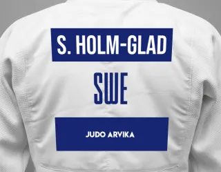 Judo GI with a backnumber showing the name Sebastian Holm-Glad from Judo Arvika