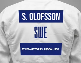 Judo GI with a backnumber showing the name Sebastian Olofsson from Staffanstorps Judoklubb